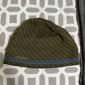 Patagonia Olive and Blue Striped Beanie